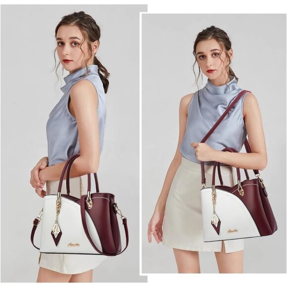 Women’s Tp Wine White PU Leather Tote Satchel | Crossbody Shoulder Handbag - Picture 2 of 7